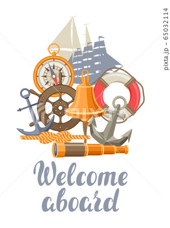 Background with nautical symbols and items. 65032114