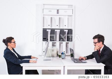 Busy man and woman office workers. Business people and technologies concept. 65033163