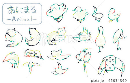筆で描いた手描きの鳥や猫 可愛い動物イラストのイラスト素材