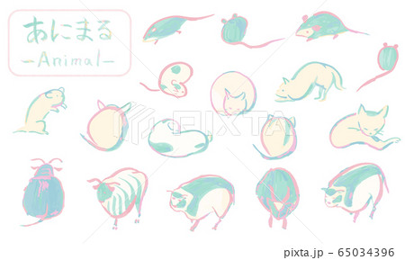 筆で描いた手描きのネズミや牛 可愛い動物イラストのイラスト素材