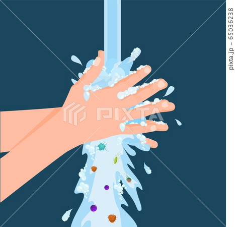 Cartoon human wash hand with soap under water jet surrounded by bacteria vector graphic illustration 65036238