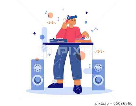 Cartoon male dj make music at turntable mixer vector flat illustration 65036266