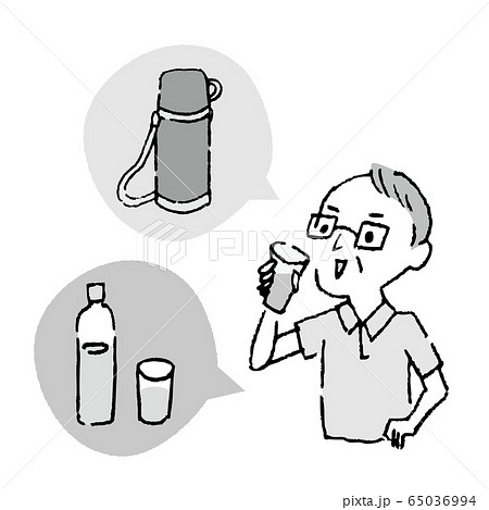 中高年 熱中症対策 水分補給 モノクロのイラスト素材