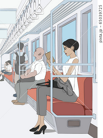 電車に乗る女性のイラスト素材