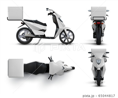 Delivery scooter. Realistic motorcycle with blank bag for food and drinks, restaurant and cafe courier bike with white box. Vector set Delivery scooter. Realistic motorcycle with blank bag for food and drinks, restaurant and cafe courier bike with white box. Vector set 65044817