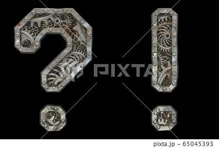 Set of mechanical alphabet made from rivet metal with gears on black background. Symbol question mark and exclamation mark. 3D Set of mechanical alphabet made from rivet metal with gears on black background. Symbol question mark and exclamation mark. 3D 65045393
