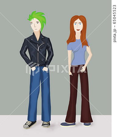 teenager red hair girl and boy in leather jacket drawing isolated on gray background 65045523