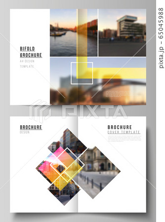 Vector layout of two A4 format modern cover mockups design templates for bifold brochure, magazine, flyer, booklet, annual report. Creative trendy style mockups, blue color trendy design backgrounds. 65045988