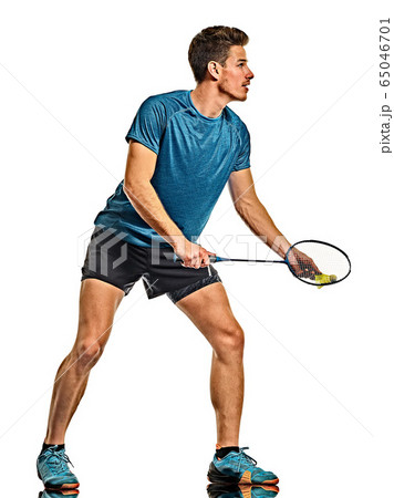 Badminton player young man isolated white background Badminton player young man isolated white background 65046701