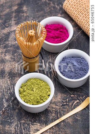 Green, blue and pink matcha powder Green, blue and pink matcha powder 65046755