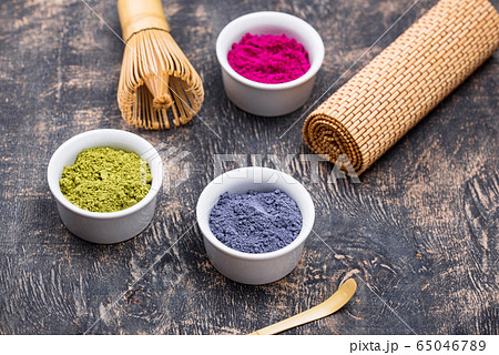 Green, blue and pink matcha powder 65046789