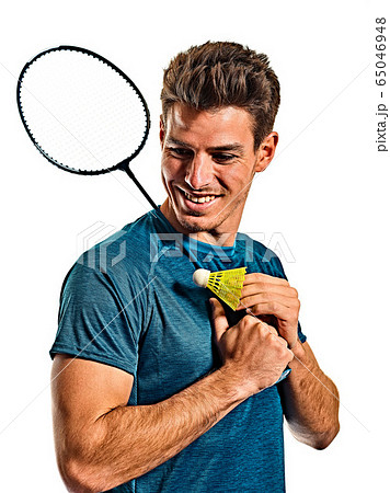 Badminton player young man isolated white background Badminton player young man isolated white background 65046948