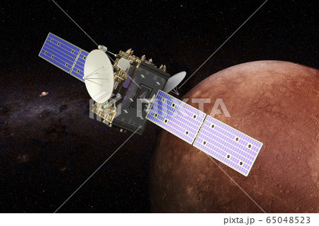Space probe orbiting Mercury, 3D rendering Space probe orbiting Mercury, 3D rendering 65048523