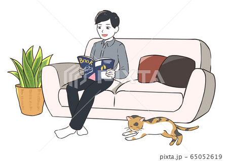 笑顔でくつろぐ男性と猫のイラスト素材