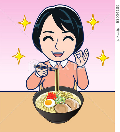 ラーメン食べる女性のイラスト素材