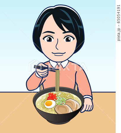 ラーメン食べる女性のイラスト素材