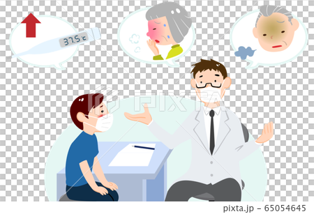 Illustration of a patient listening to a doctor's explanation in an examination room 65054645