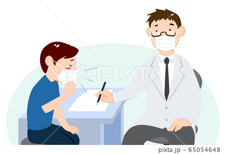 診察室で医師に症状を伝える患者のイラストのイラスト素材