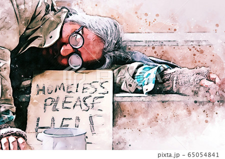 Abstract colorful business senior man homeless alone on watercolor illustration painting background. 65054841