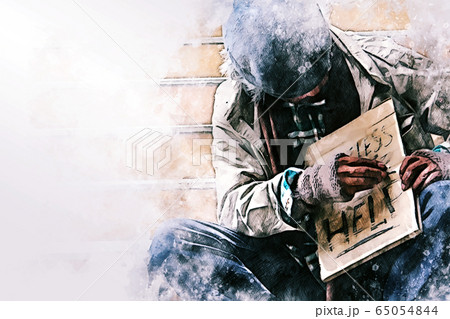Abstract colorful business senior man homeless alone on watercolor illustration painting background. 65054844