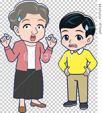 黄色い服の男の子と赤い服のおばさんのイラスト素材