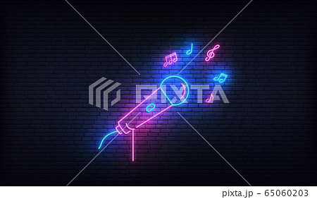 Neon microphone with music notes. Template for karaoke, live music, talent show Neon microphone with music notes. Template for karaoke, live music, talent show 65060203