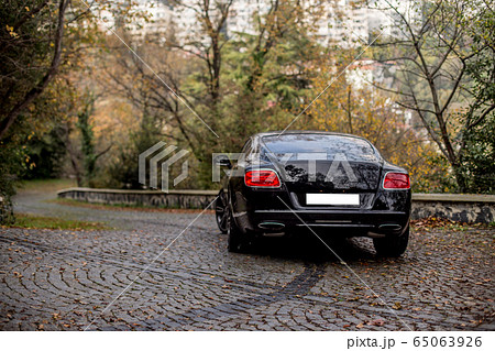Black luxury sedan in a green park  65063926