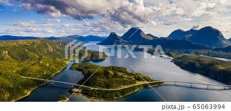 Beautiful Norwegian fjord at sunset. Aerial view. 65063994