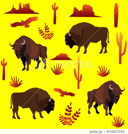 Vector background with bison, cacti, eagles, lonely rocks and plants. 65065595