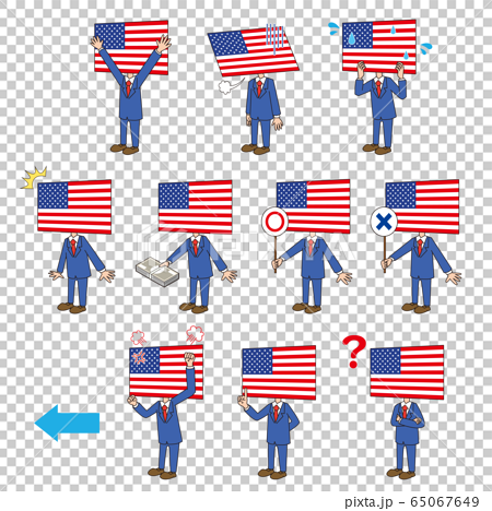アメリカ 国旗 キャラクター 擬人化 セット 表情 ポーズ 左方向向きのイラスト素材