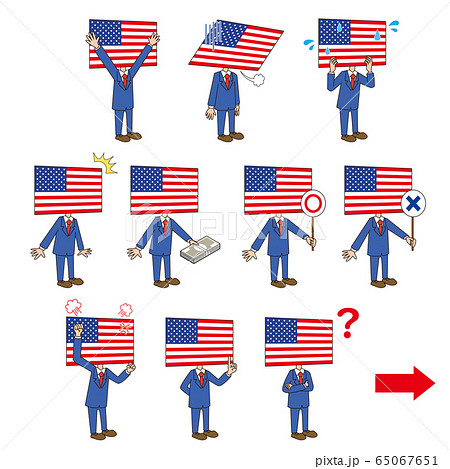 アメリカ 国旗 キャラクター 擬人化 セット 表情 ポーズ 右方向向きのイラスト素材