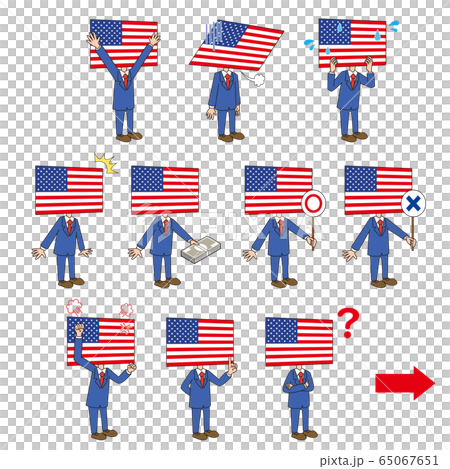 アメリカ 国旗 キャラクター 擬人化 セット 表情 ポーズ 右方向向きのイラスト素材