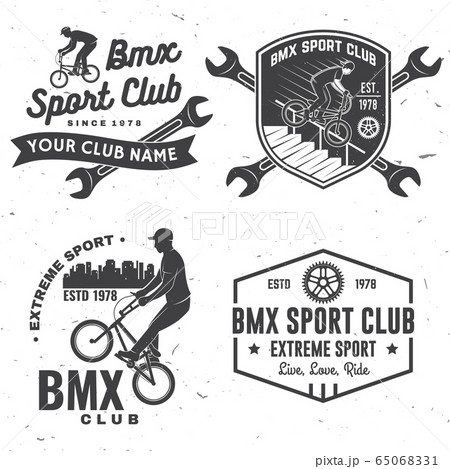 Set of bmx extreme sport club badge. Vector. Concept for shirt, logo, print, stamp, tee with man ride on a sport bicycle. Vintage typography design with bmx cyclist, bmx sprocket and chain silhouette 65068331