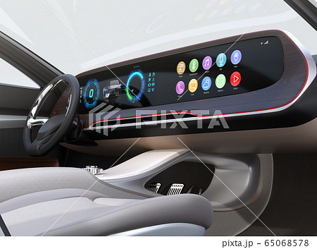 電動スポーツカーのデジタルダッシュボードのイメージ。横長大型スクリーンに多彩な情報が表示されている 電動スポーツカーのデジタルダッシュボードのイメージ。横長大型スクリーンに多彩な情報が表示されている 65068578