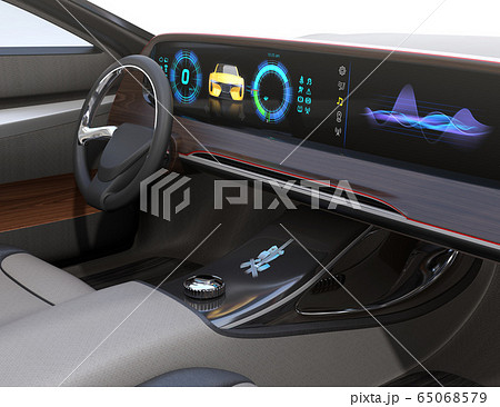 電動スポーツカーのデジタルダッシュボードのイメージ。横長大型スクリーンに多彩な情報が表示されている 電動スポーツカーのデジタルダッシュボードのイメージ。横長大型スクリーンに多彩な情報が表示されている 65068579