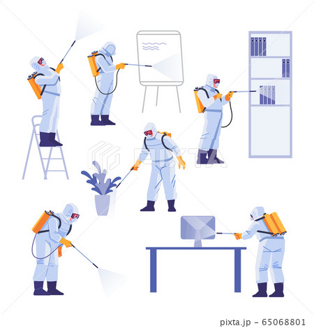 Professional contractors doing pest control at office. Coronavirus protection. Hazmat team in protective suits decontamination during virus outbreak. Cartoon vector illustration 65068801