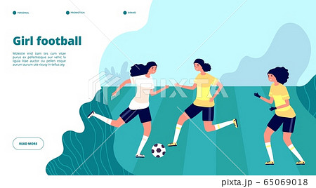 Girl football. Women professional playing soccer in uniforms. Friends on stadium, female young team with ball. Workout vector landing page 65069018