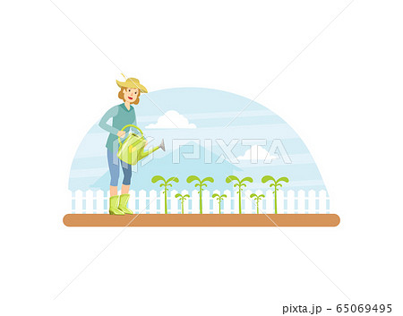 Woman Farmer or Gardener Watering Plants with Watering Can Vector Illustration 65069495