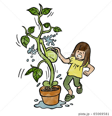 急成長する植物に驚く女の子のイラスト素材