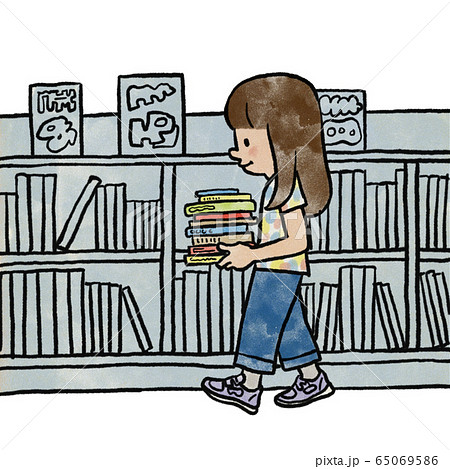 図書館で本を探す女の子のイラスト素材