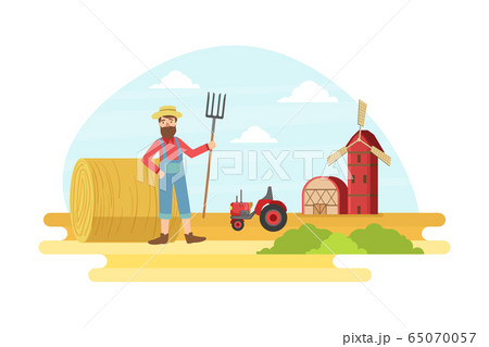 Cheerful Male Farmer with Pitchfork at Summer Rural Landscape, Agricultural Worker Working at Farm Vector illustration Cheerful Male Farmer with Pitchfork at Summer Rural Landscape, Agricultural Worker Working at Farm Vector illustration 65070057