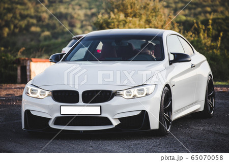 White sport model racing car in the autumn forest, front view 65070058