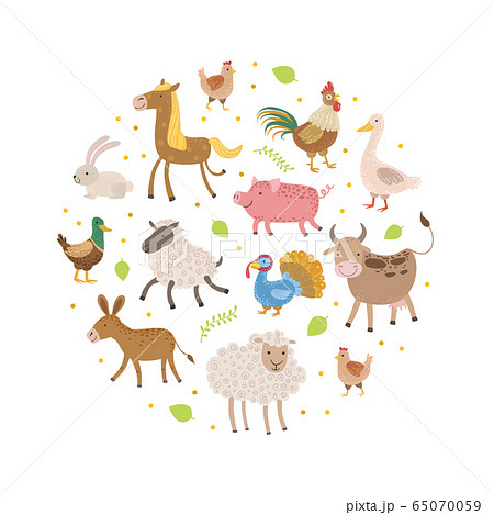 Cute Farm Animals Pattern of Round Shape, Greeting Cards, Poster, Banner, Background Design Element Vector Illustration Cute Farm Animals Pattern of Round Shape, Greeting Cards, Poster, Banner, Background Design Element Vector Illustration 65070059