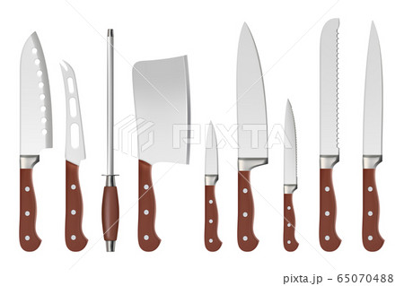 Knives. Butcher professional sharp handle knives kitchenware restaurant accessories for cook vector closeup isolated pictures Knives. Butcher professional sharp handle knives kitchenware restaurant accessories for cook vector closeup isolated pictures 65070488