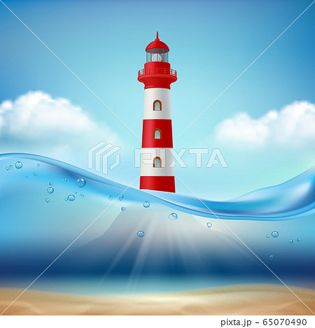 Lighthouse. Marine or ocean background water wave and light beam lamp for safe ship navigation vector realistic sea landscape Lighthouse. Marine or ocean background water wave and light beam lamp for safe ship navigation vector realistic sea landscape 65070490