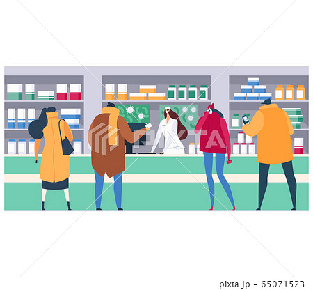 Flu season care in pharmacy, vector illustration. Cartoon woman man character with cold buy flat medicine for healthcare. 65071523