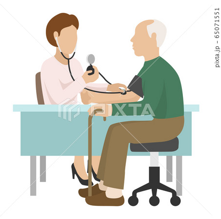 Elderly patient medical care in hospital, vector illustration. doctor character take old senior man blood pressure in clinic. 65071551