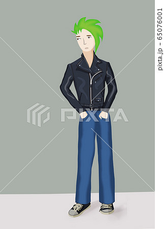 punk teenager boy in leather jacket drawing isolated on gray background with copyspace 65076001