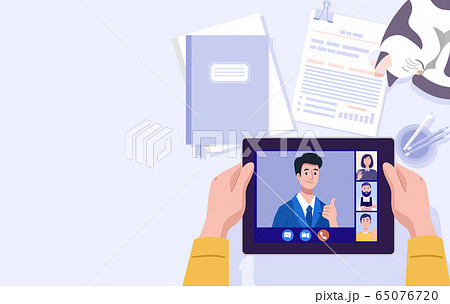 Work from home, Illustration of a man having video conference on tablet at home. Vector 65076720