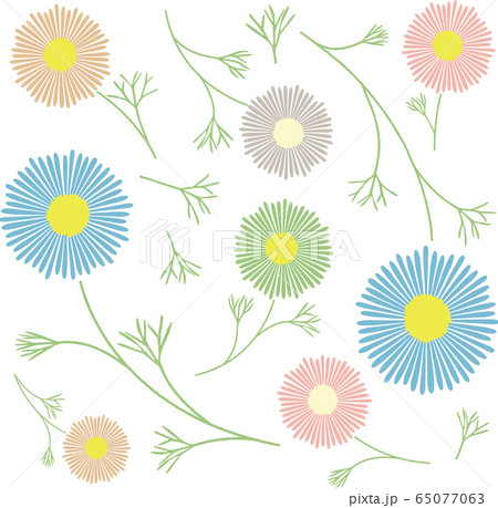 カラフルな花と葉の素材セットB 65077063